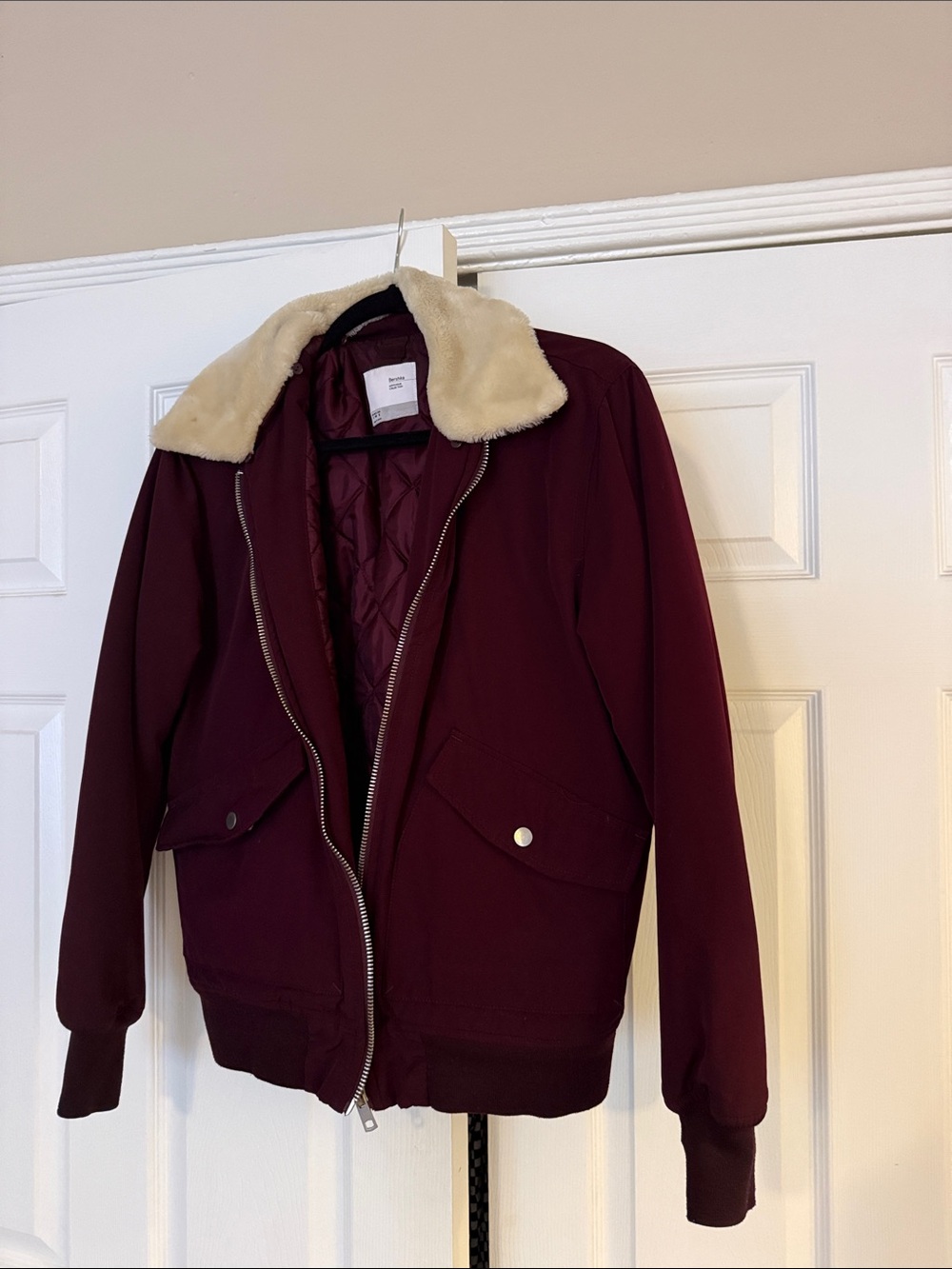Bershka Burgundy Bomber Jacket with Cream Faux Fur Collar